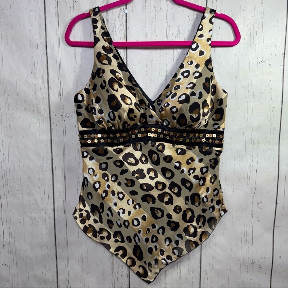 Cache 100% Silk Leopard Beaded Handkerchief Hem Top Size 10 Glam Y2K Retro Night